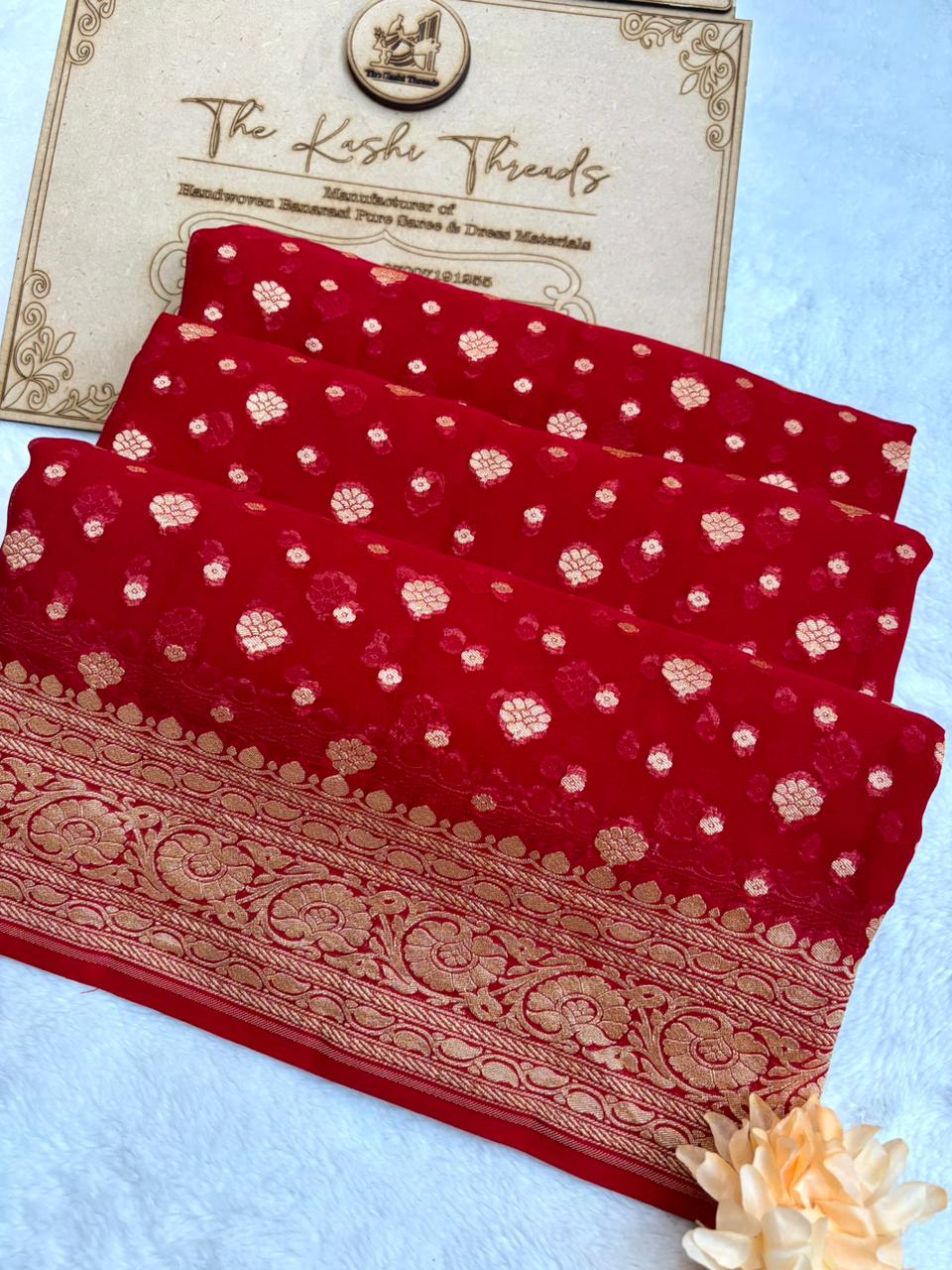 Saree Banarasi Pure Khaddi Geoergette Dual Buti Red