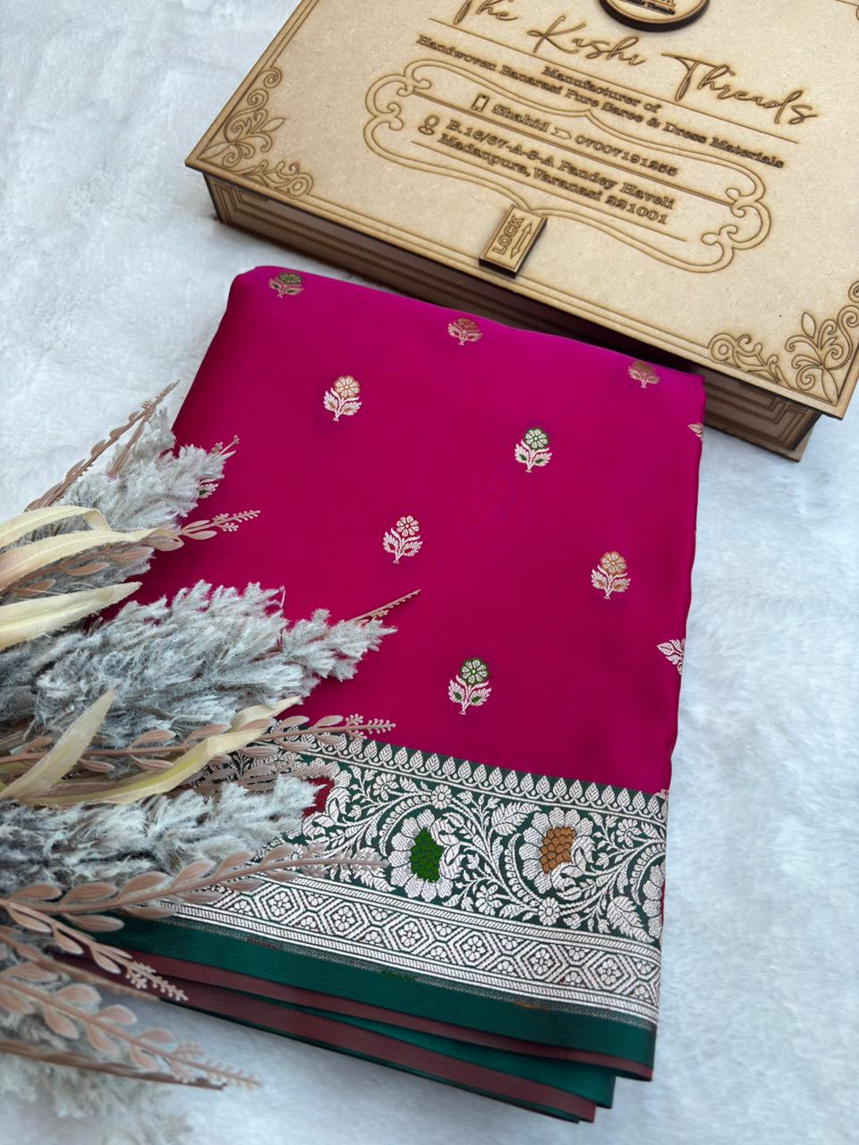 Saree Mashru Silk Meenakari Buti Rani Pink