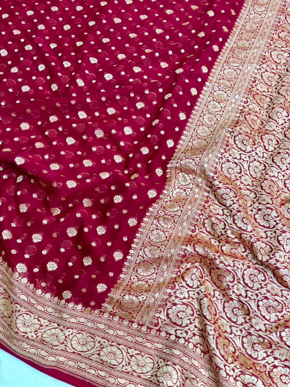 Saree Banarasi Pure Khaddi Geoergette Dual Buti Red