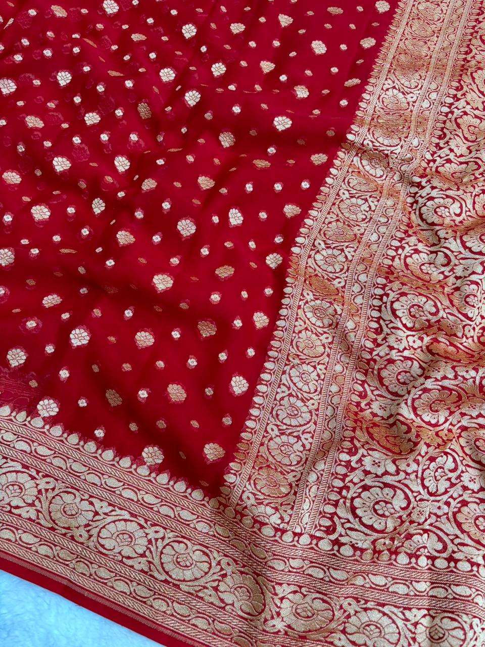 Saree Banarasi Pure Khaddi Geoergette Dual Buti Red