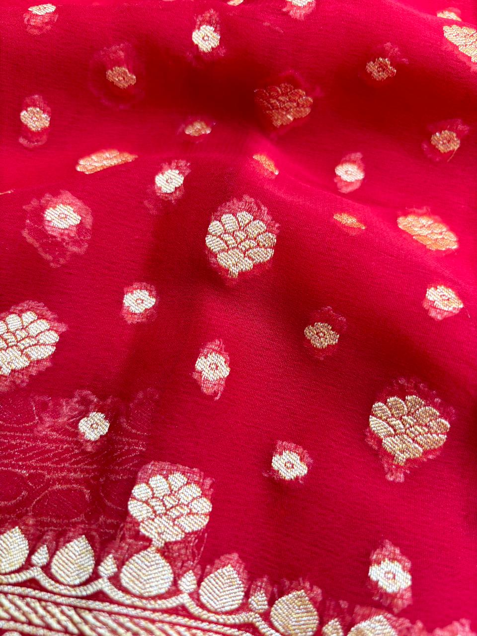 Saree Banarasi Pure Khaddi Geoergette Dual Buti Red
