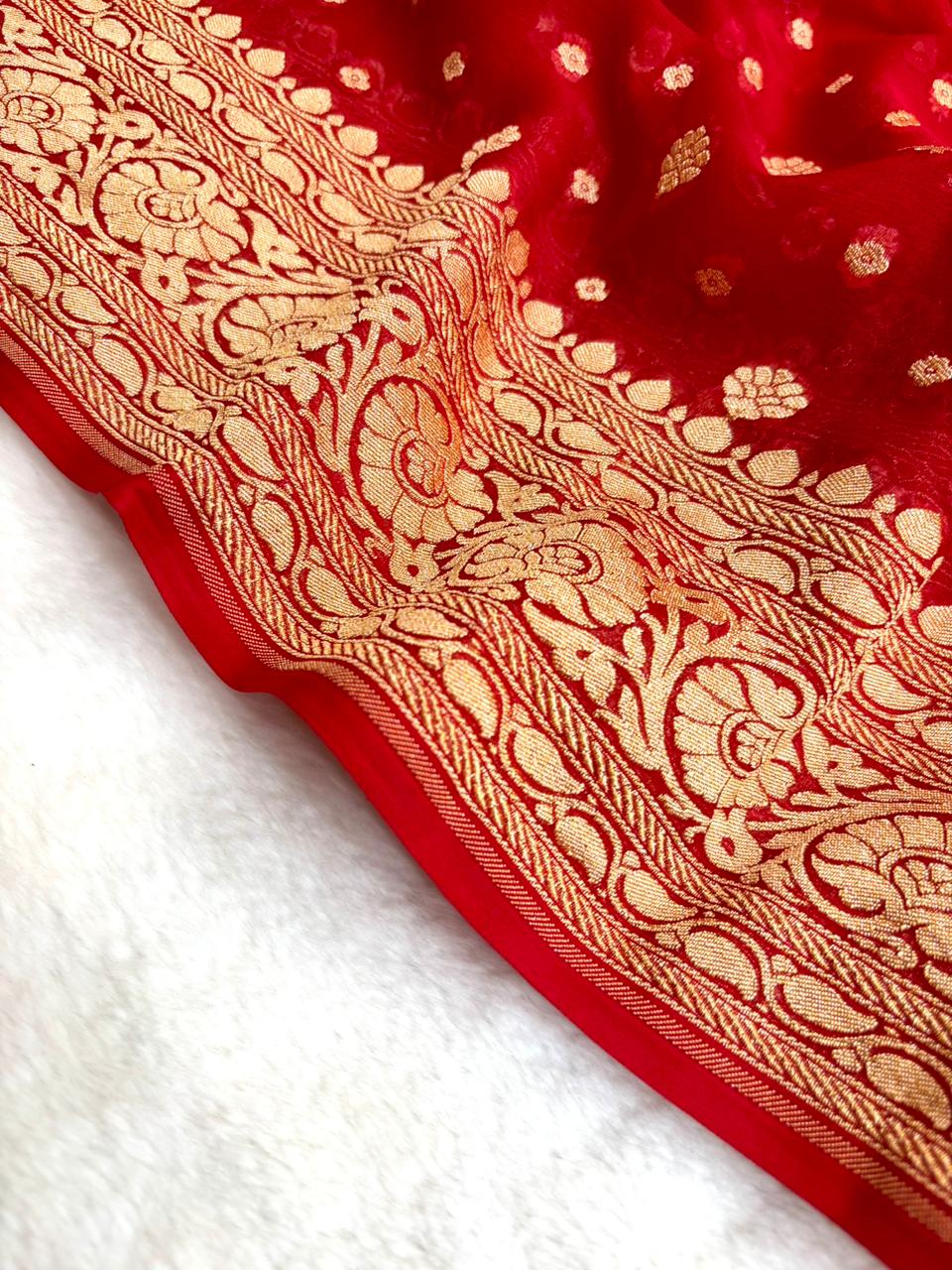 Saree Banarasi Pure Khaddi Geoergette Dual Buti Red