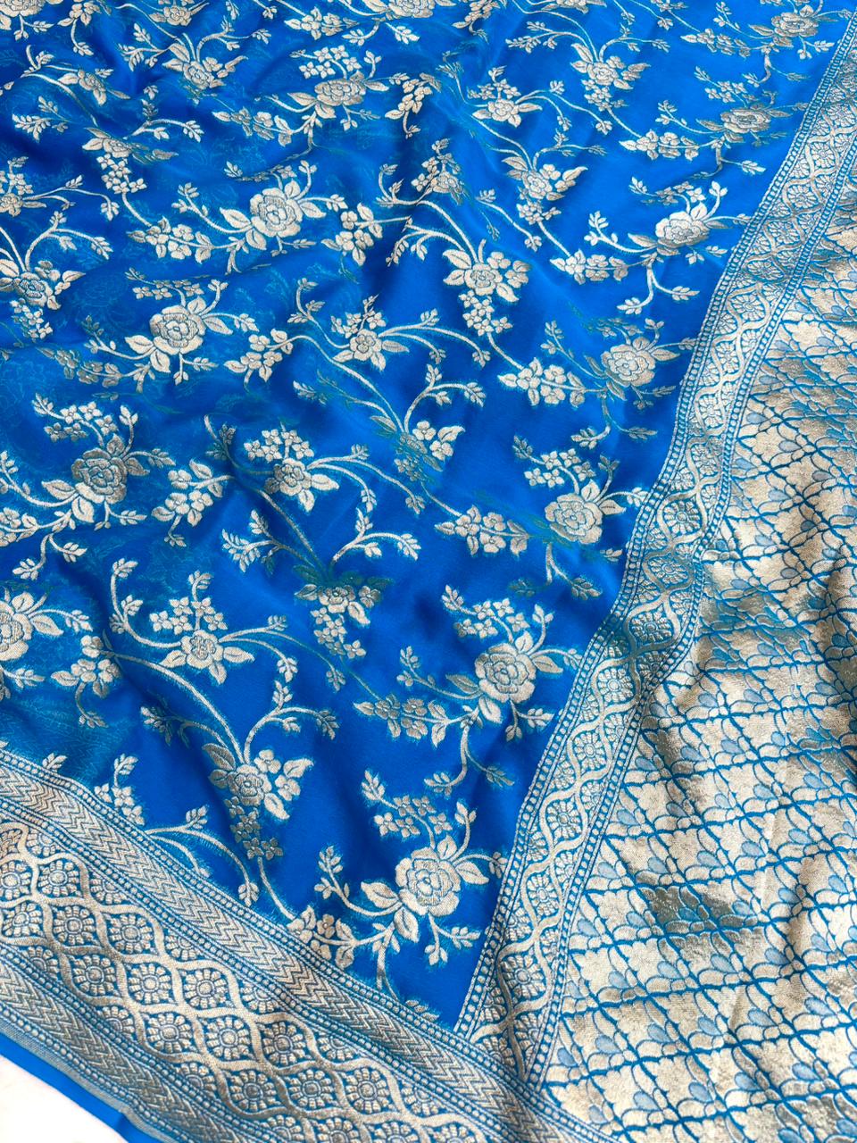 Saree Banarasi Pure Khaddi Geoergette Jangla Blue