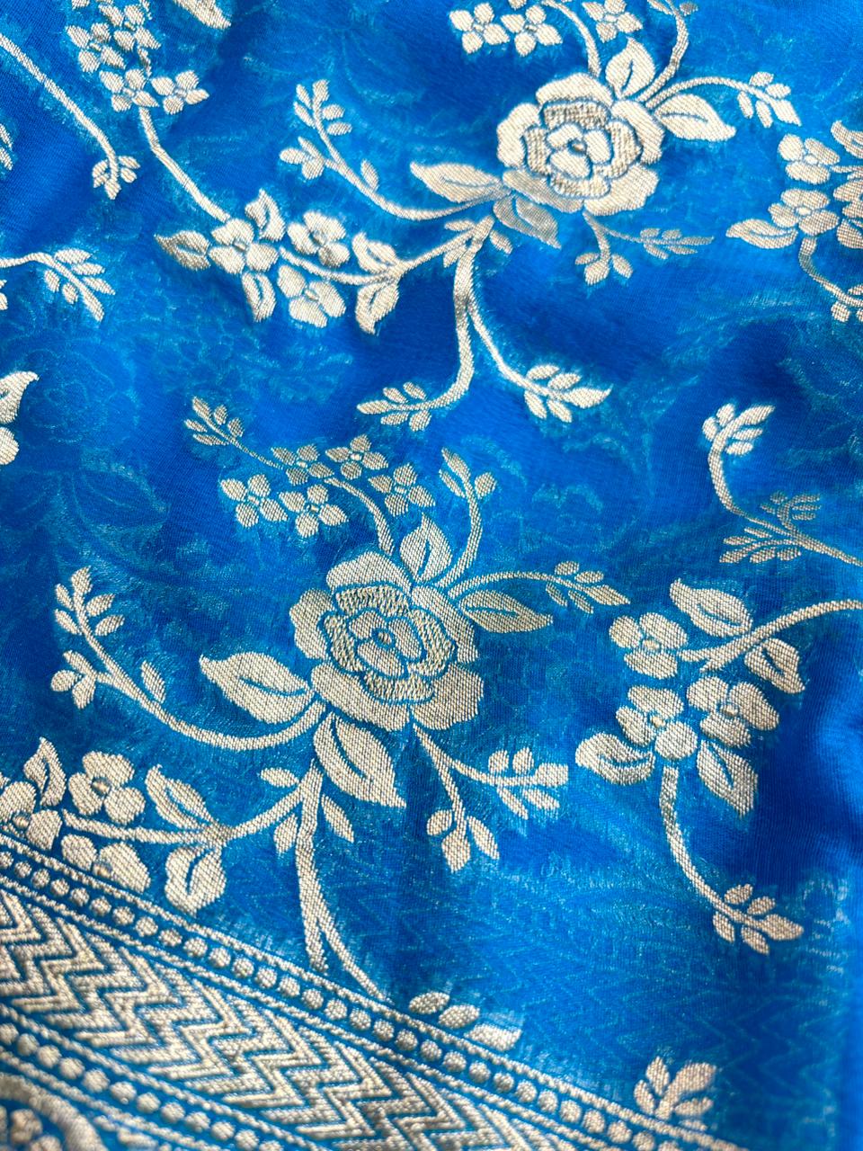 Saree Banarasi Pure Khaddi Geoergette Jangla Blue