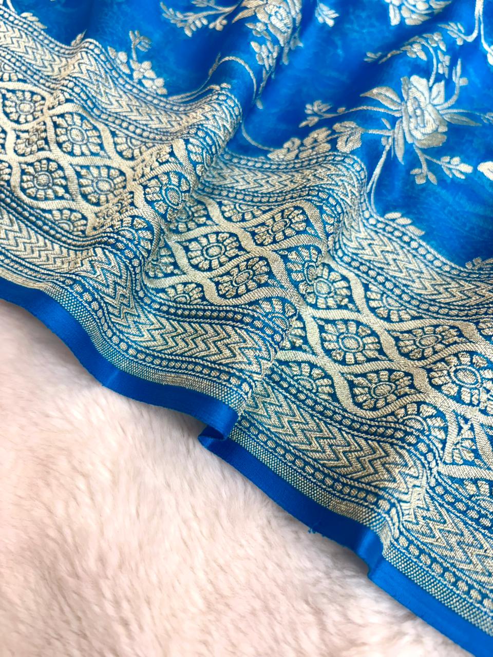 Saree Banarasi Pure Khaddi Geoergette Jangla Blue