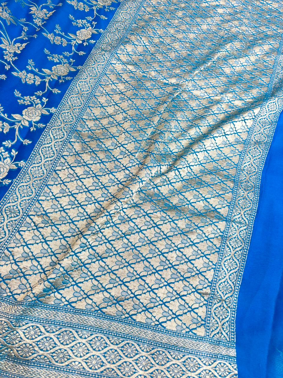 Saree Banarasi Pure Khaddi Geoergette Jangla Blue