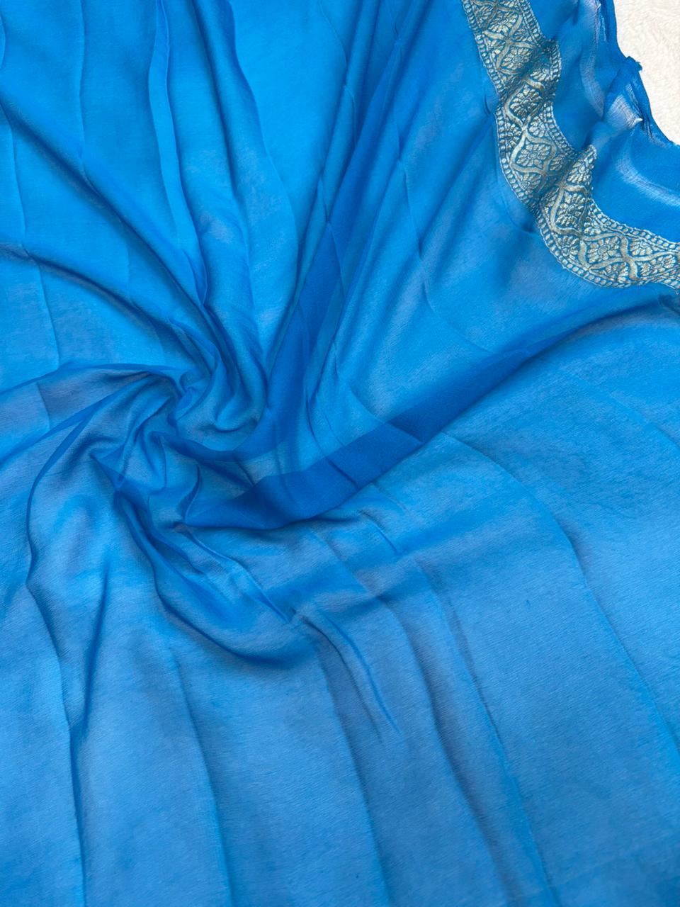 Saree Banarasi Pure Khaddi Geoergette Jangla Blue