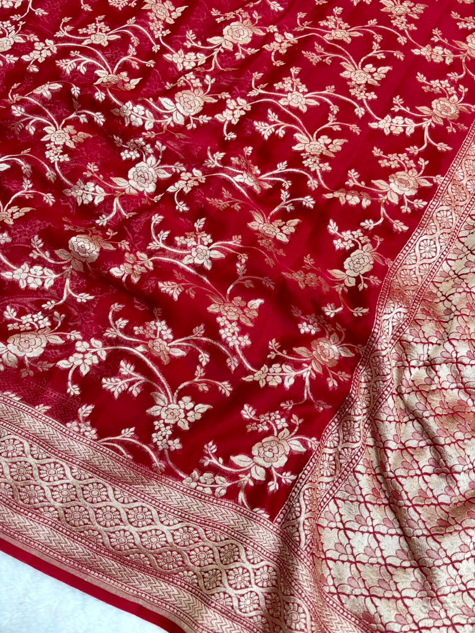 Saree Banarasi Pure Khaddi Geoergette Jangla Blue