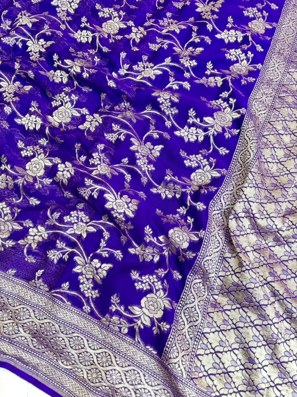 Saree Banarasi Pure Khaddi Geoergette Jangla Blue