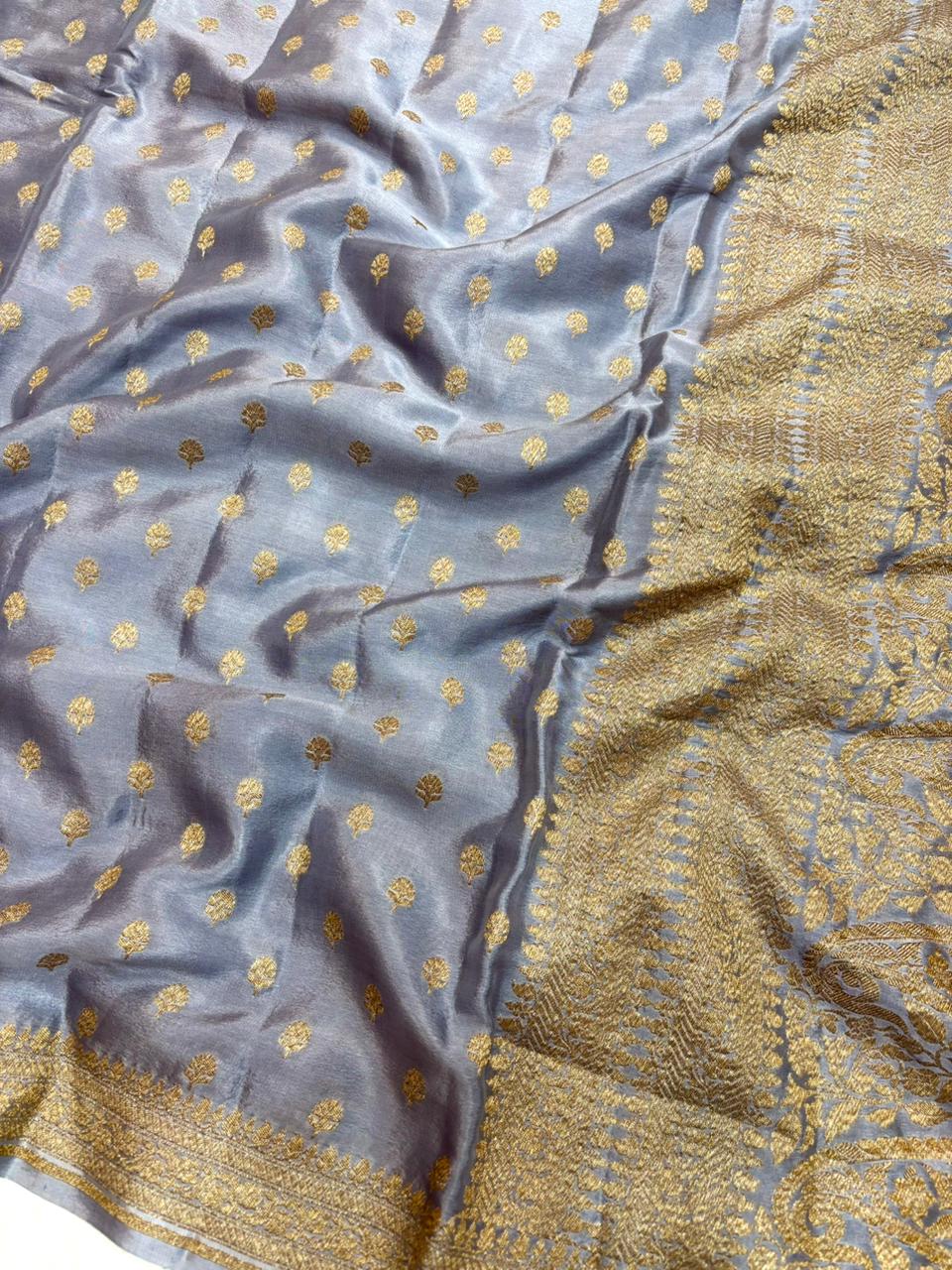 Saree Banarasi Pure Khaddi Geoergette Small Buti Grey