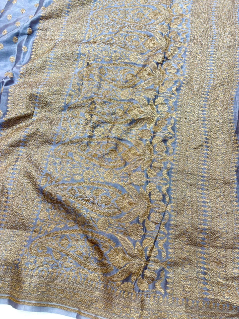 Saree Banarasi Pure Khaddi Geoergette Small Buti Grey