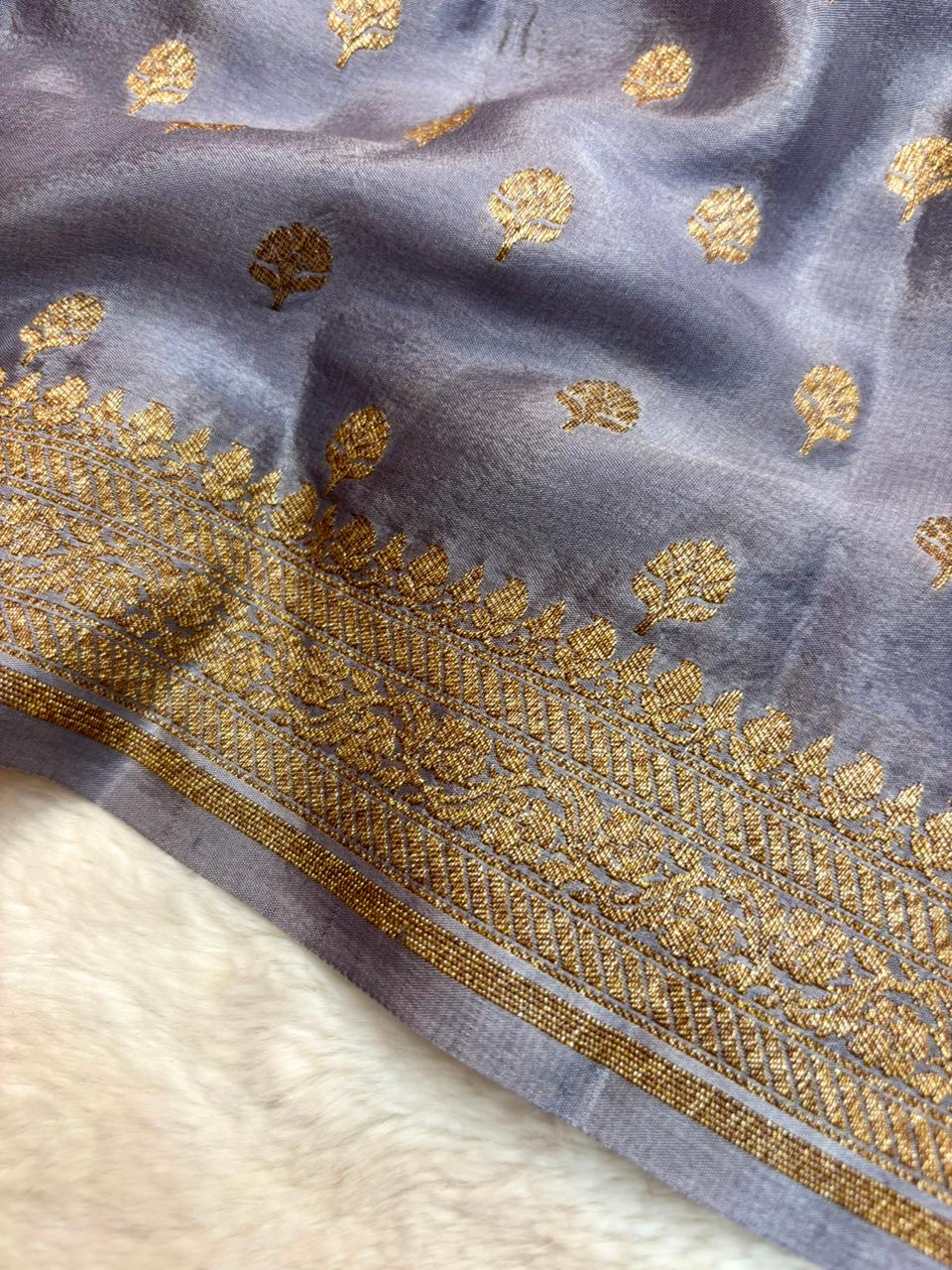 Saree Banarasi Pure Khaddi Geoergette Small Buti Grey