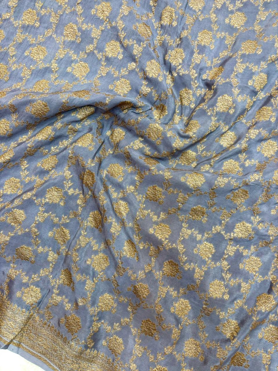 Saree Banarasi Pure Khaddi Geoergette Small Buti Grey