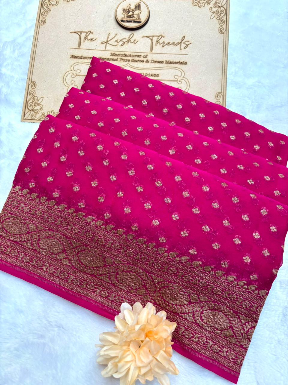 Saree Banarasi Pure Khaddi Geoergette Small Buti Rani Pink