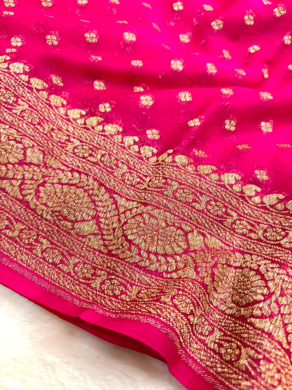 Saree Banarasi Pure Khaddi Geoergette Small Buti Rani Pink