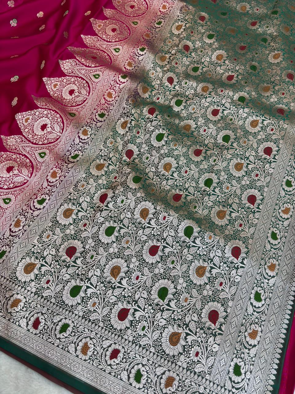 Saree Mashru Silk Meenakari Buti Rani Pink