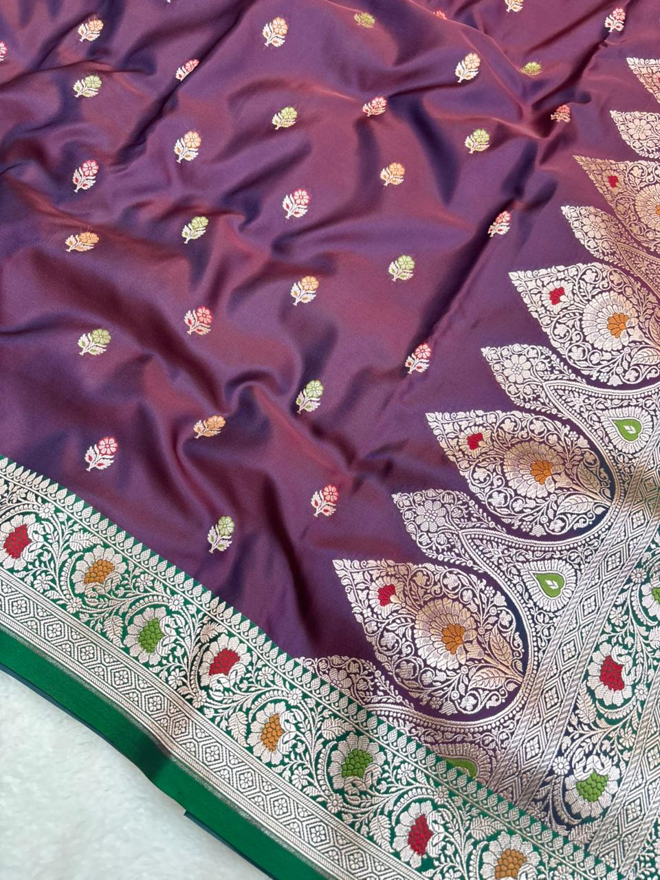 Saree Mashru Silk Meenakari Buti Rani Pink