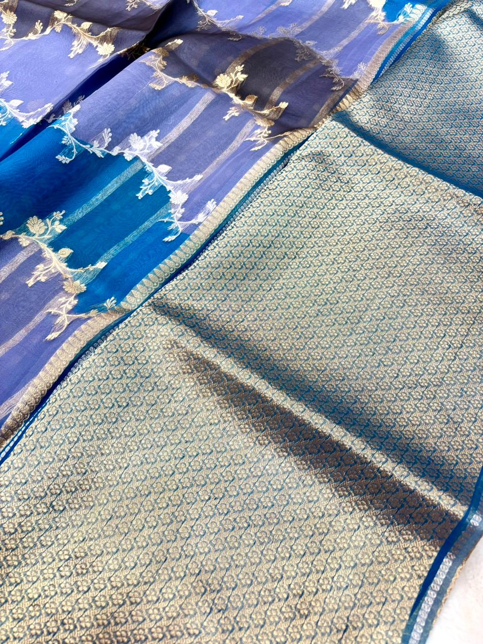Saree Pure Banarasi Kora Silk borderless Jaal rangkat silver gold zari