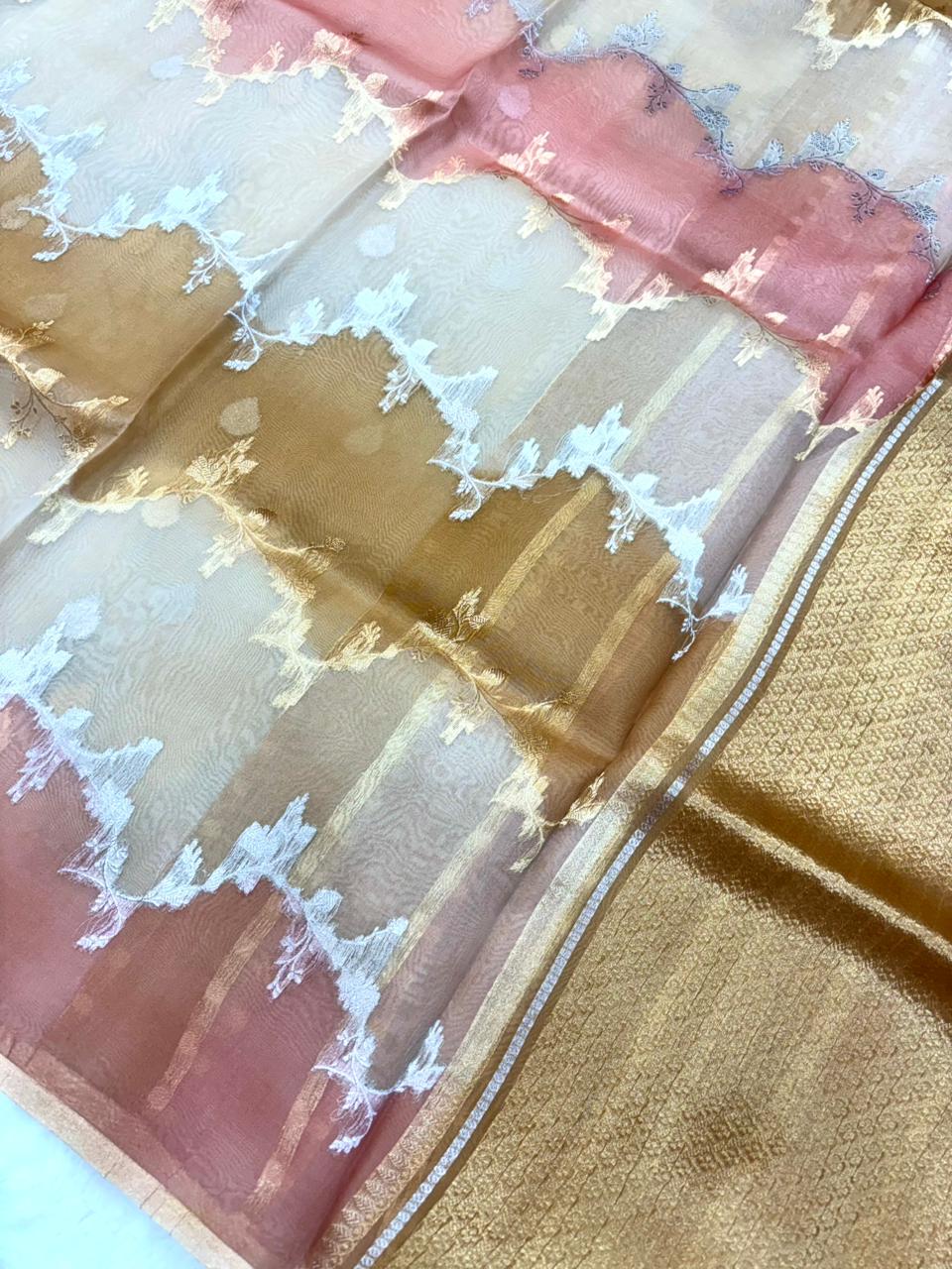 Saree Pure Banarasi Kora Silk borderless Jaal rangkat silver gold zari