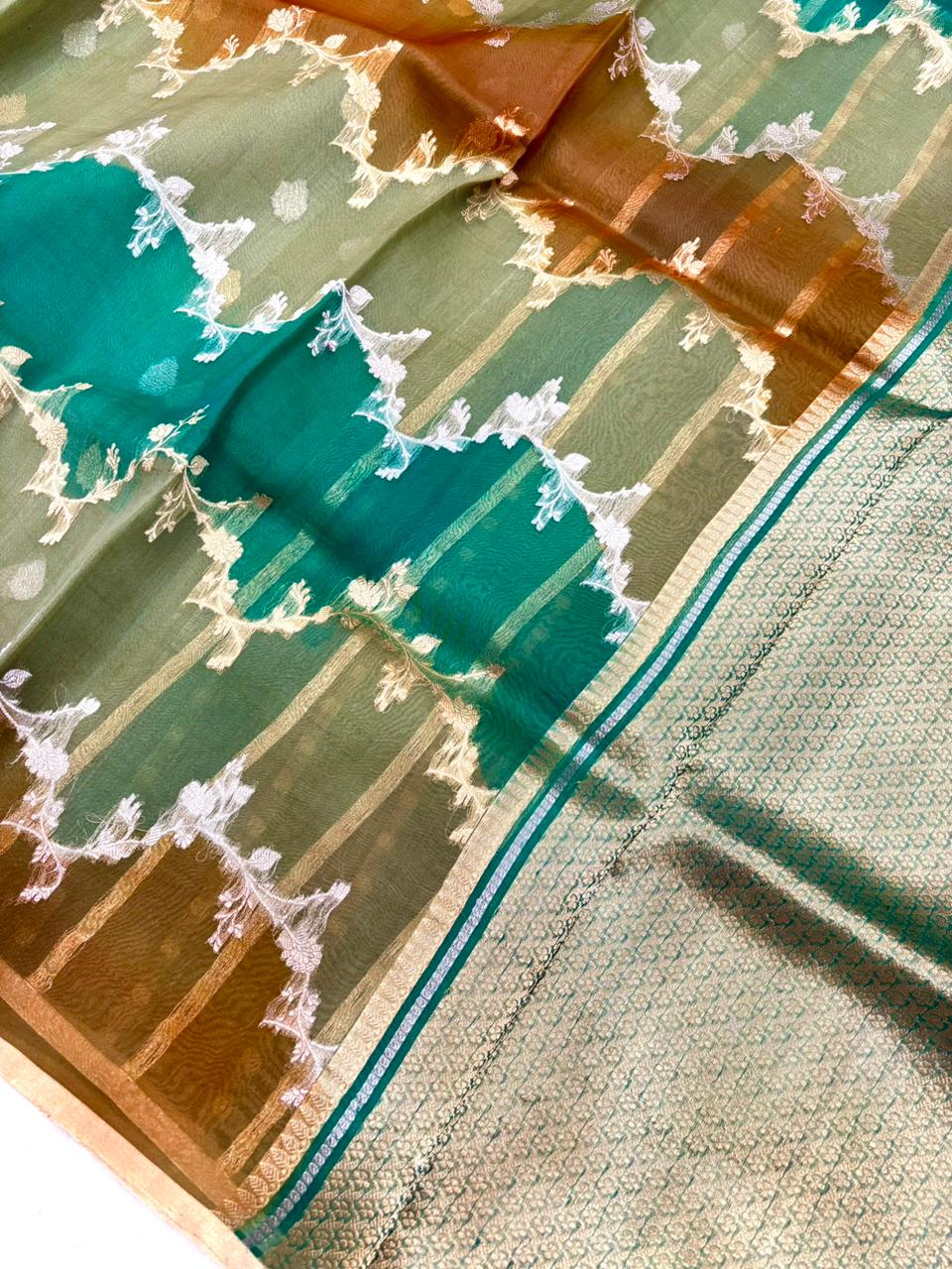 Saree Pure Banarasi Kora Silk borderless Jaal rangkat silver gold zari