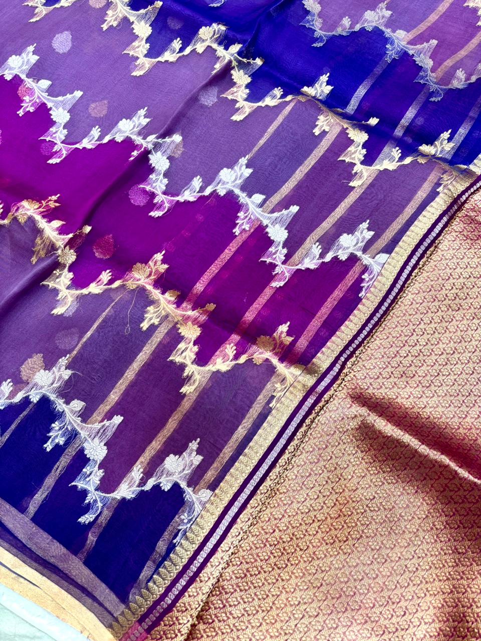 Saree Pure Banarasi Kora Silk borderless Jaal rangkat silver gold zari