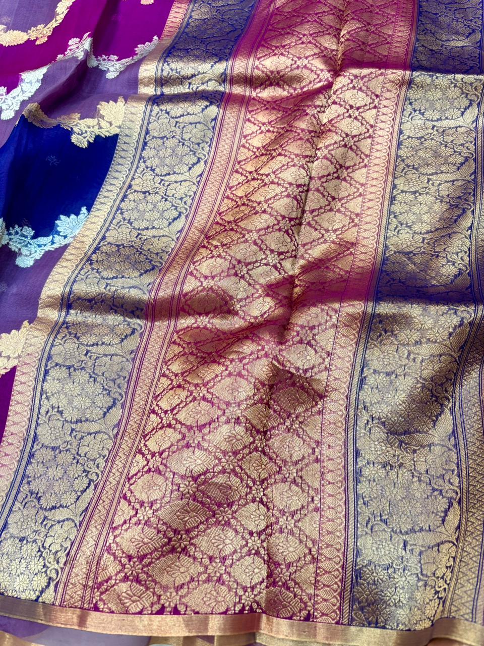 Saree Pure Banarasi Kora Silk borderless rangkat silver gold zari