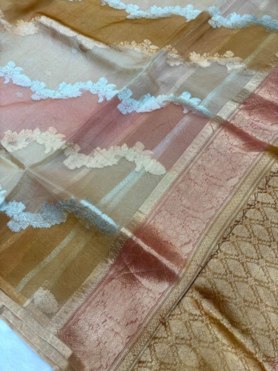 Saree Pure Banarasi Kora Silk borderless rangkat silver gold zari