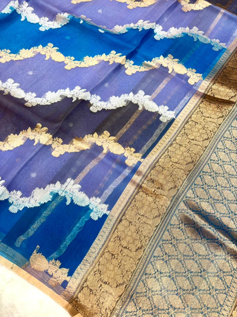Saree Pure Banarasi Kora Silk borderless rangkat silver gold zari