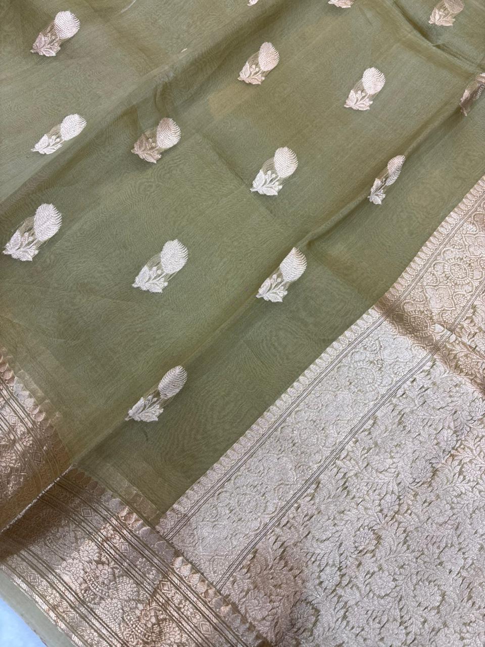 Saree Pure Kora Gold Buta Green