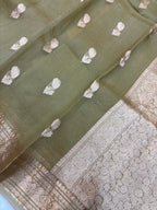 Saree Pure Kora Gold Buta Green