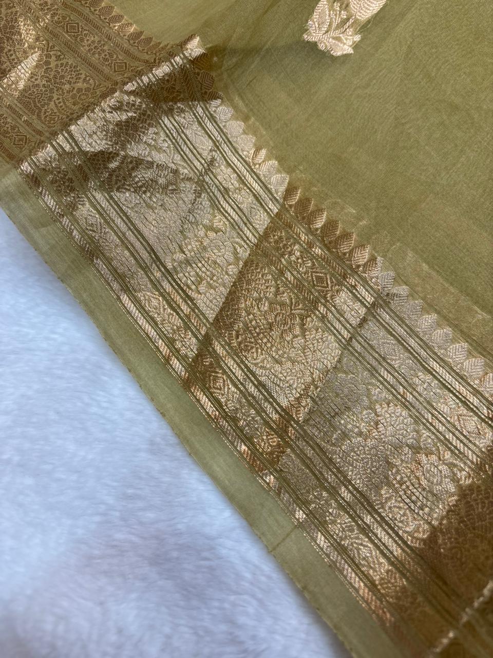 Saree Pure Kora Gold Buta Green