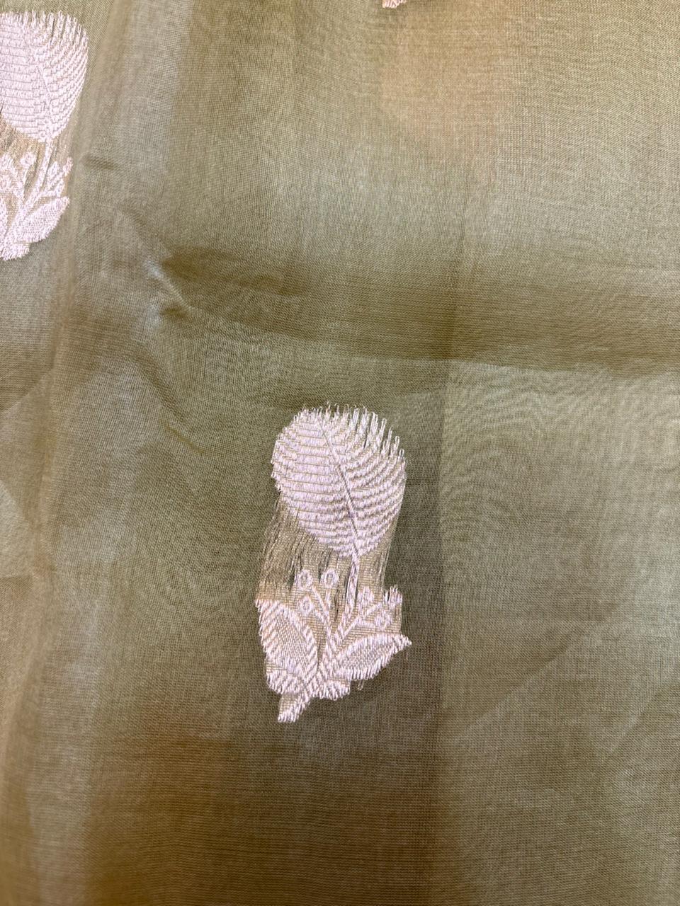 Saree Pure Kora Gold Buta Green