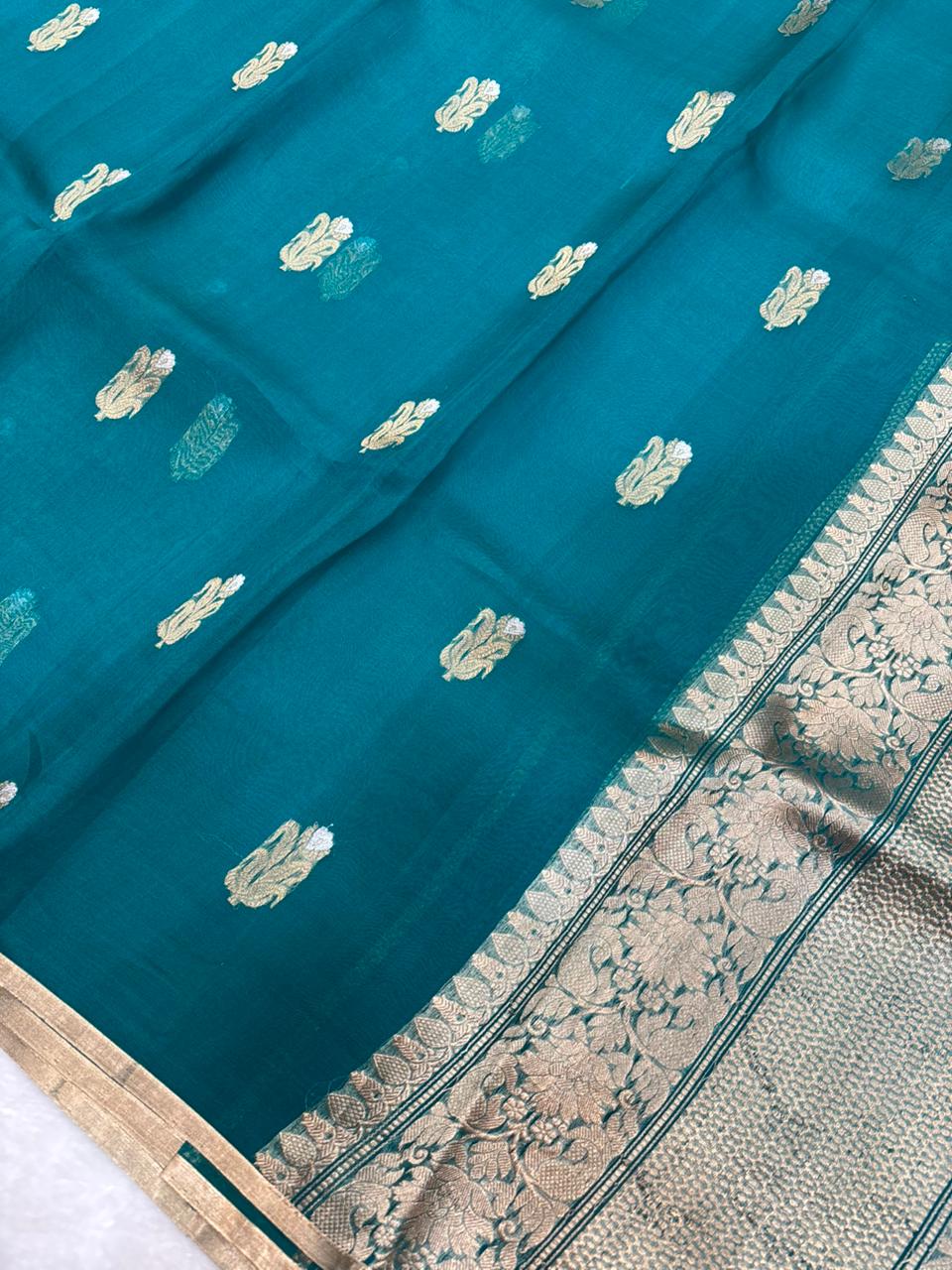 Saree Pure Kora Meena Buta Blue