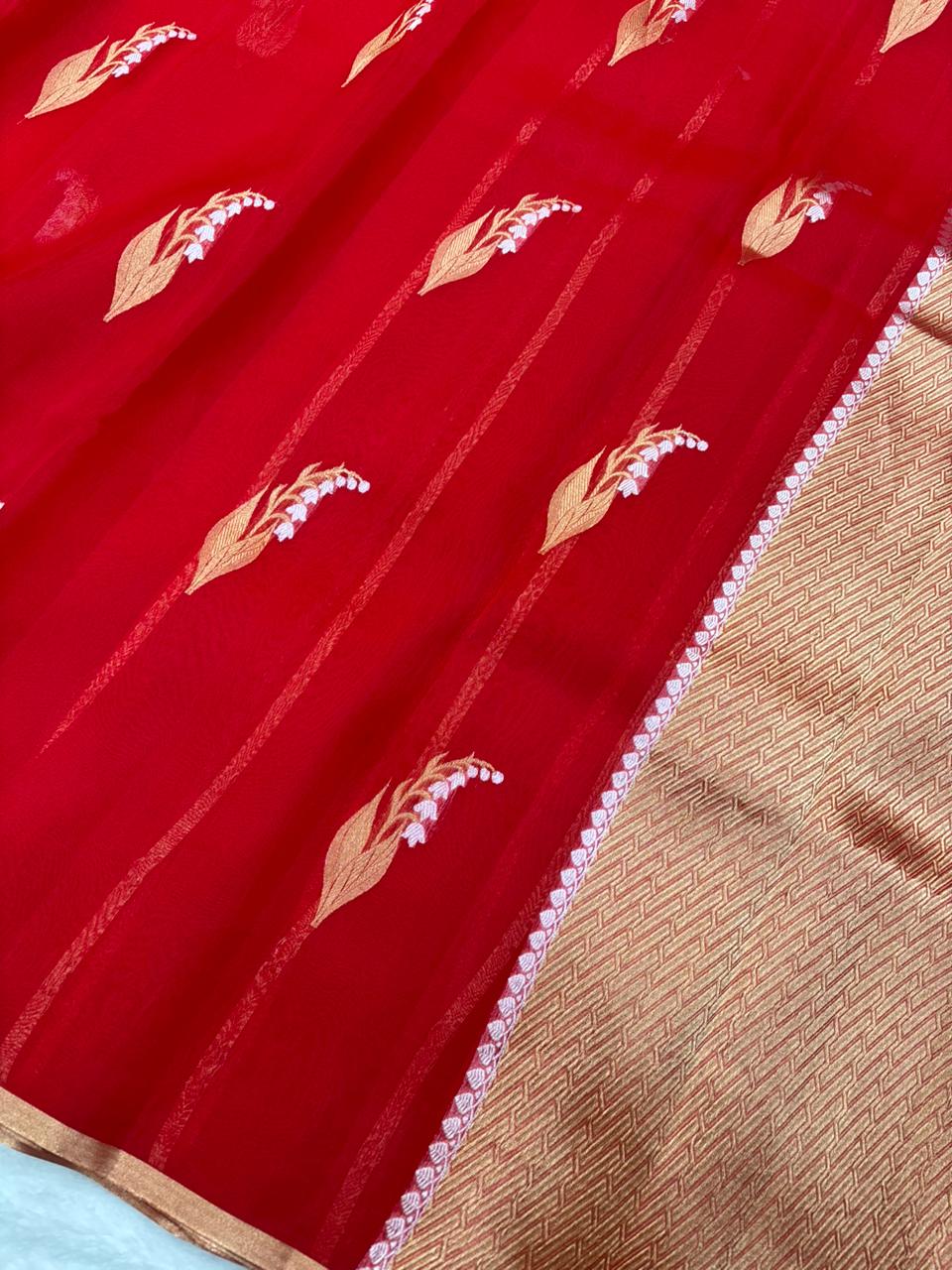 Saree Pure Kora Meena Buta Red