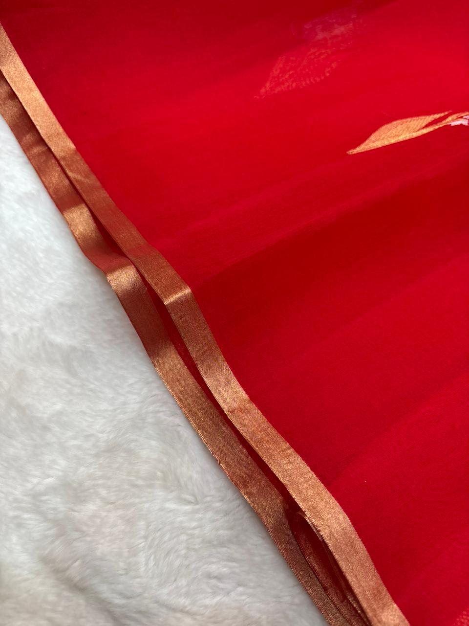 Saree Pure Kora Meena Buta Red