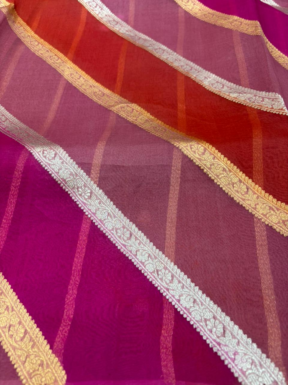 Saree Pure Kora Rangkat Stripe Silver Gold