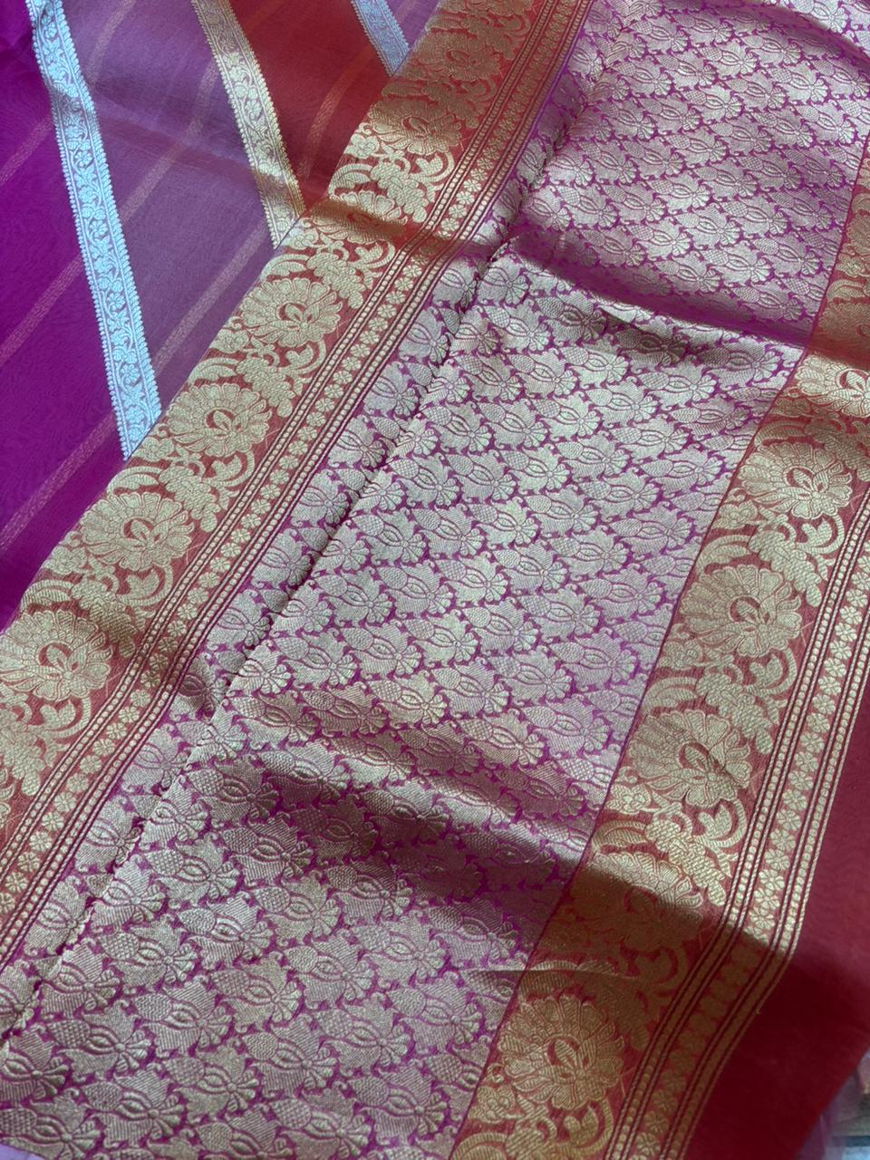 Saree Pure Kora Rangkat Stripe Silver Gold