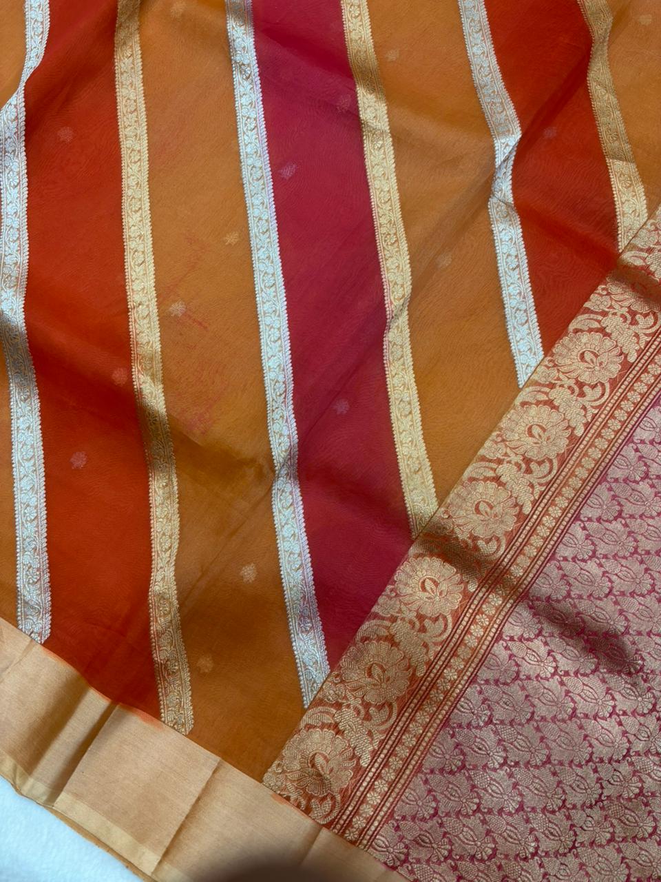 Saree Pure Kora Rangkat Stripe Silver Gold