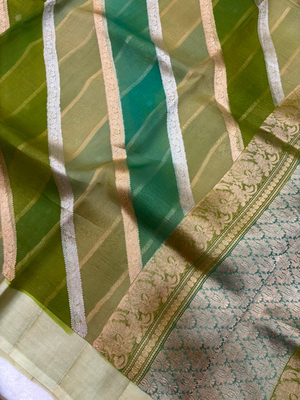 Saree Pure Kora Rangkat Stripe Silver Gold