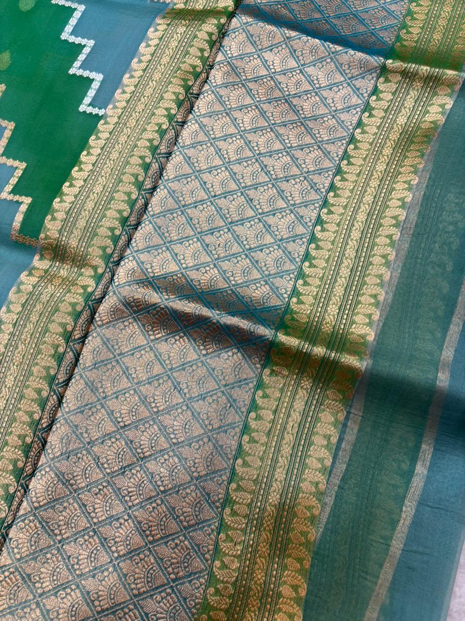 Saree Pure Kora Rangkat Zig-Zag Silver Gold