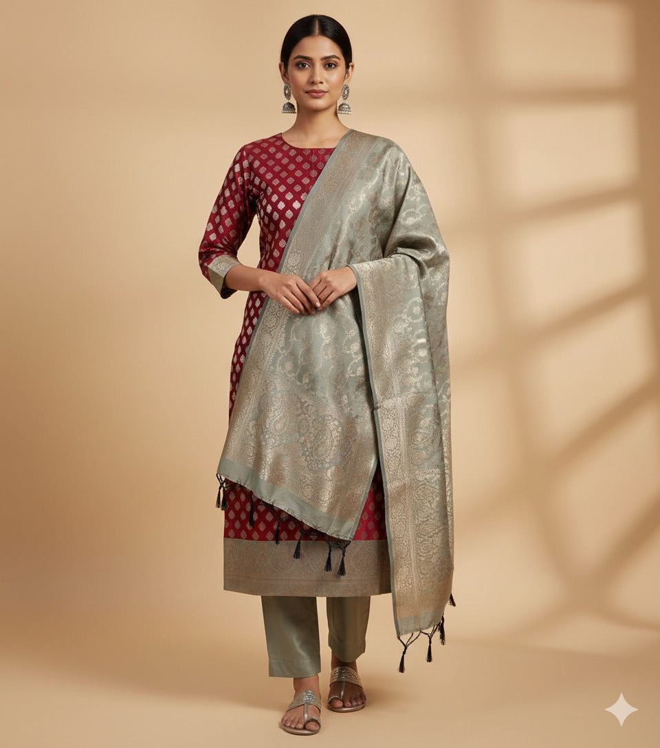 Grey & Red Banarasi Silk Suit Set