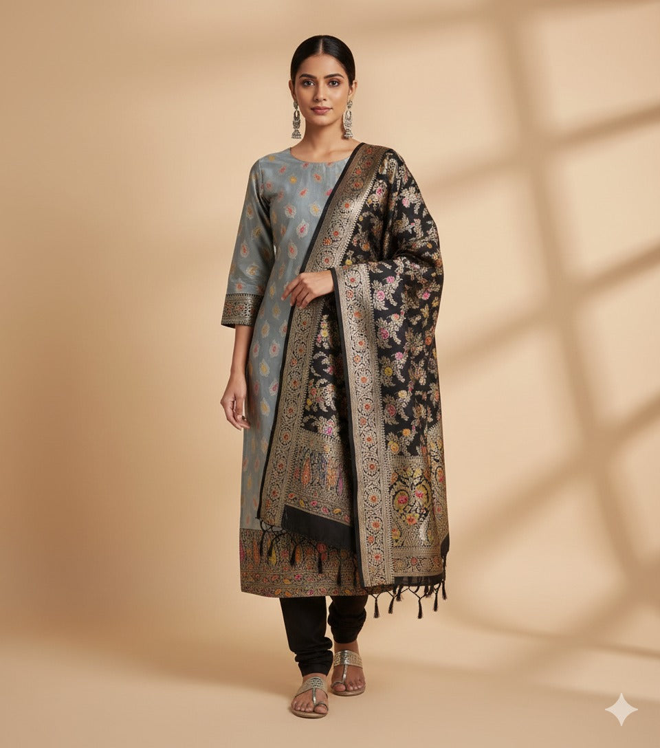 Black and Grey Banarasi Silk Suit Set