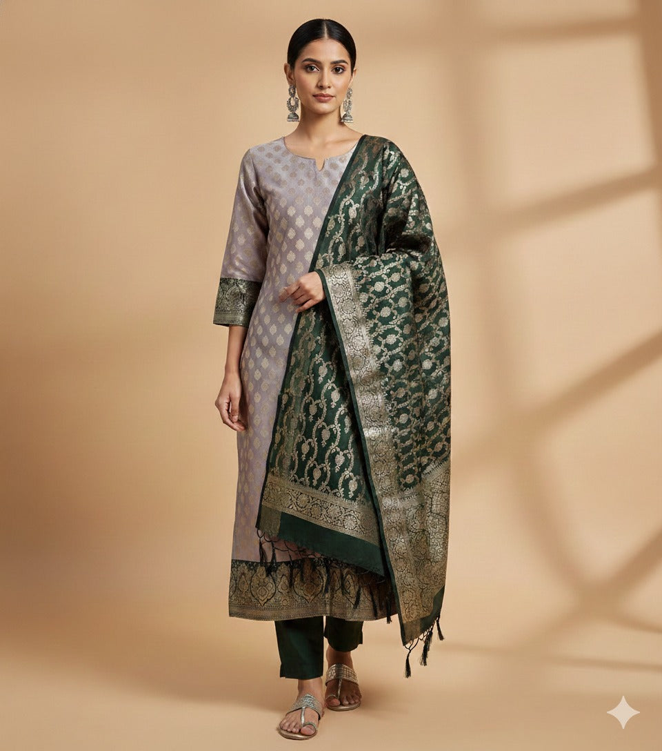 Bottle Green and Grey Banarasi Silk Suit Set