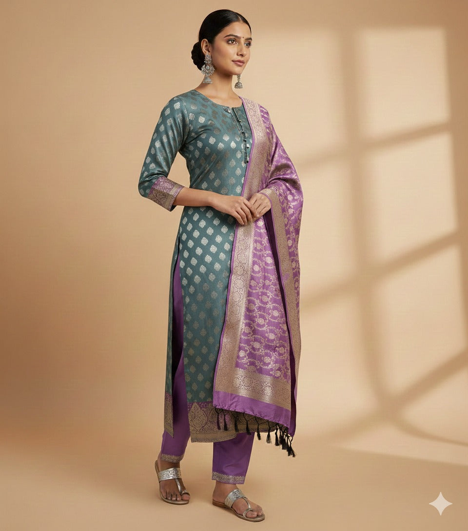Slate Green and Purple Banarasi Silk Suit Set