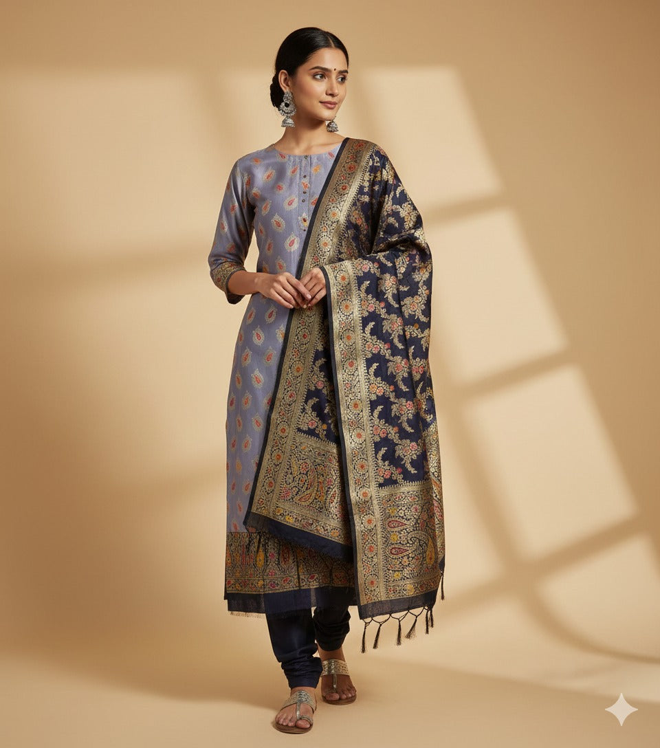 Shaily Navy Blue and Gold Banarasi Silk Blend Kurta Set