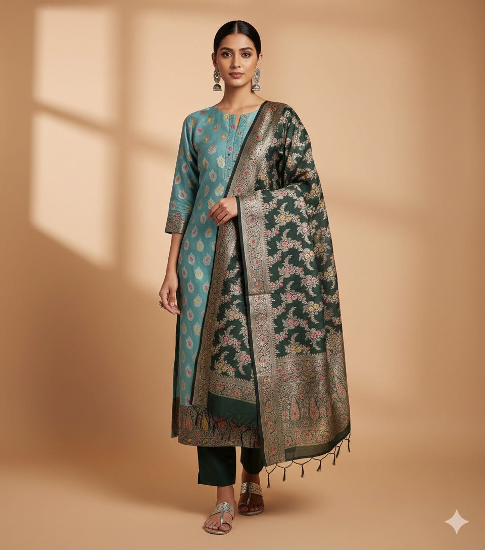 Teal and Dark Green Salwar Suit Set with Dupatta