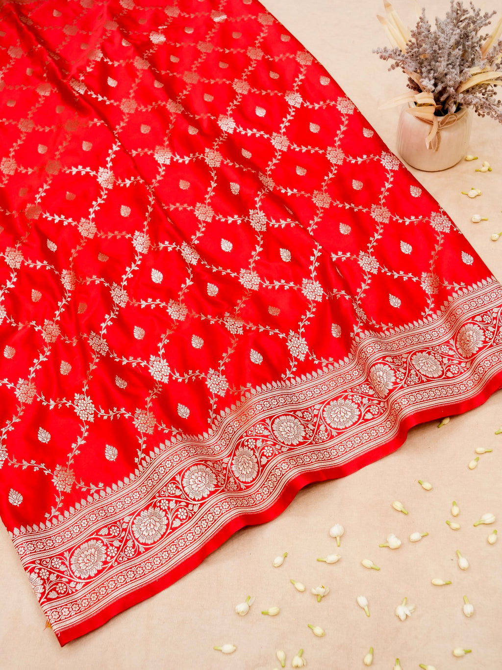 Banarasi Mashru Silk Jall in vibrant red